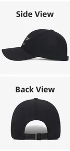 Detail view of cotton baseball cap showing side wing embroidery and adjustable metal buckle