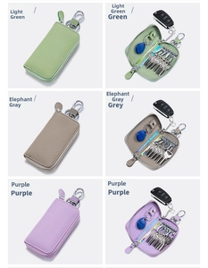 Custodia per chiavi in pelle con cerniera e fessure per carte in verde, grigio e viola