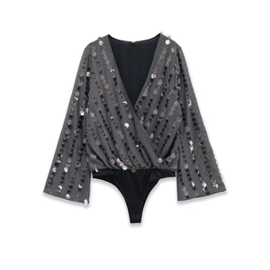 Women Sequin Bodysuit Top Long Sleeve Deep V Neck Surplice Glitter Party Evening Grey Body Suit
