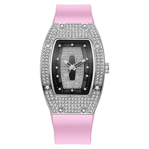 Macro detail of tonneau diamond watch with star-shaped screws and pink silicone band