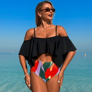 Off-shoulder ruffled bikini top with high-waisted colorful floral print swim bottoms
