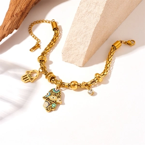 Gold-plated stainless steel Hamsa Hand bracelet with evil eye charm and bead chain link