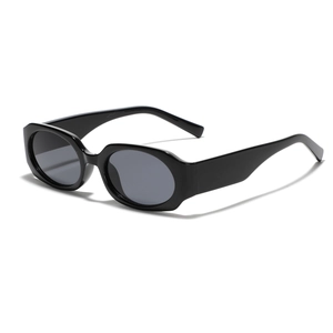 Modern narrow rectangle black sunglasses for men and women with grey lenses