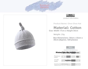 Detailed size chart for the knotted baby hat in heather gray with fabric specifications