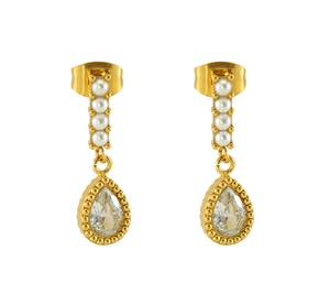 Detail of gold-plated drop earrings featuring vertical pearls and pear-cut zircon stones