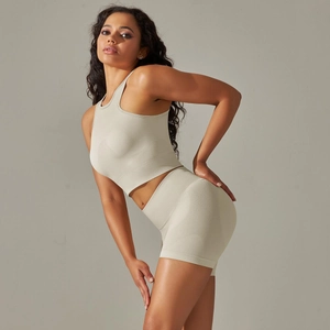 Close-up of seamless knit yoga set showing breathable fabric texture and ergonomic ribbed pattern