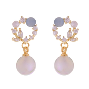 French luxury gold earrings with blue opal, zircon, and dangling white pearl pendant