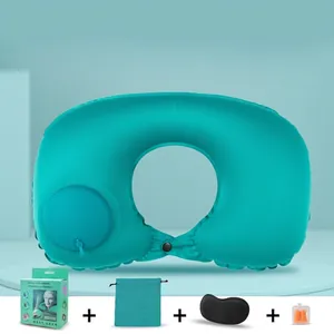 Inflatable Travel Neck Pillow Manual Press Automatic Inflation Portable U-Shaped Flocking Milk Satin Soft Support For Airplane Office Sleep