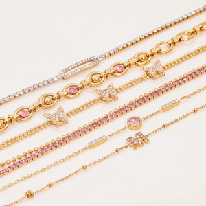 18K gold plated stainless steel bracelet set with pink zircon and butterfly charms