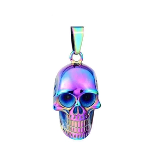 Macro shot of rainbow-tinted stainless steel skull pendant with vibrant metallic luster