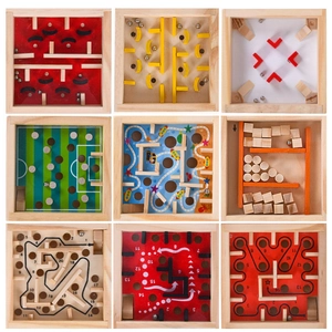 Set of nine wooden maze puzzles for kids featuring metal balls and colorful designs