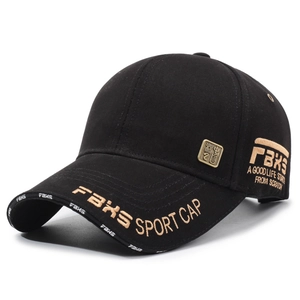 Black structured baseball cap with gold embroidery and metal plate logo detail