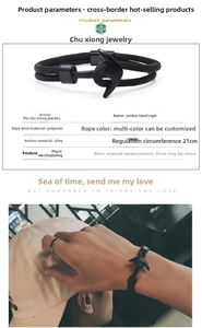 Nautical anchor bracelet with black polyester rope and alloy clasp on wrist display