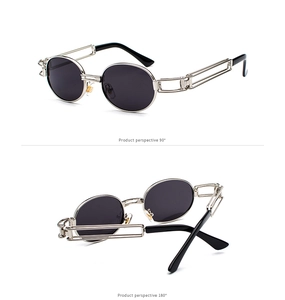 Steampunk oval sunglasses with silver metal frame and dual-bar temples from multiple angles