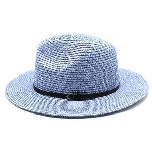 Light blue wide brim straw Panama hat with a black leather buckle band for summer