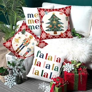Christmas nutcracker and tree pattern pillow covers on a white sofa for holiday decor