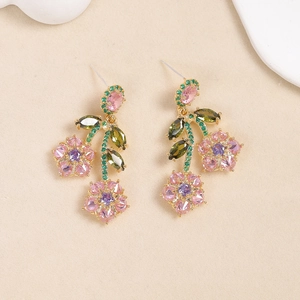 Colorful Zircon Flower Dangle Earrings With 925 Sterling Silver Earring Post Copper Gold Plated Elegant Floral For Women