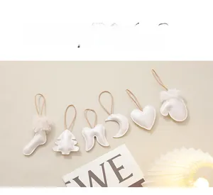 Set of 6 white faux leather Christmas ornaments with plush trim and rustic hanging ropes