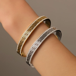 Bangle Bracelet Stainless Steel Greek Meander Pattern Hollow Out Double Row Rhinestone Luxury Fashion Jewelry For Women