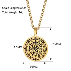 Gold stainless steel Wiccan zodiac spinning necklace with size and weight dimensions