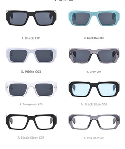 Grid view showing eight different frame colors and lens options for square sunglasses