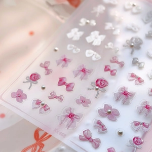Cute pink nail art stickers KX468 with bows, roses, and pearls on a sweet background