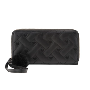 Women black long wallet with heart quilted pattern and plush pompom wristlet strap