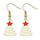 Detail of Christmas tree earrings with white enamel coating and red star toppers