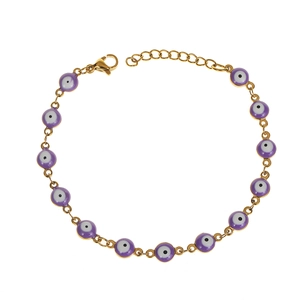 Macro shot of gold stainless steel bracelet featuring twelve purple evil eye beads with lobster clasp