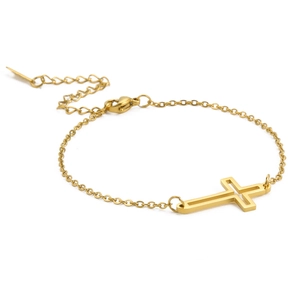 Elegant gold hollow cross pendant bracelet with adjustable lobster clasp on white background