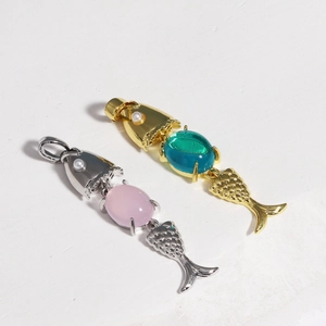 Articulated fish pendants in 18K gold and silver plating with colorful gems and pearls