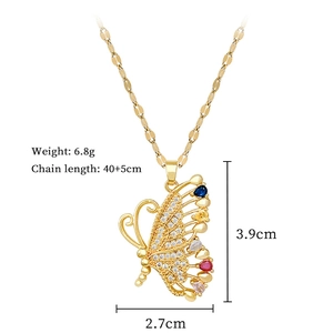 Detailed specs of gold butterfly necklace with multicolor crystals and size measurements