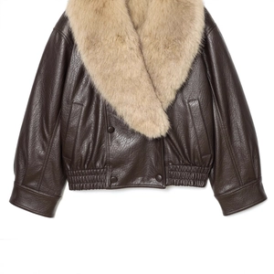 Brown faux leather jacket with detachable khaki faux fur collar in a classic aviator style
