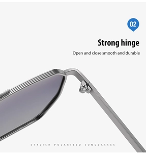 Detail of strong metal hinges on polarized aviator sunglasses for smooth durability