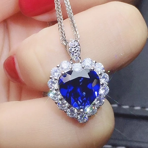 Heart Pendant Necklace Blue Cubic Zirconia Copper Jewelry With White Zircon Halo Fashion Elegant Gift For Women
