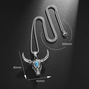 Vintage bull head pendant necklace in silver finish with blue turquoise stone and box chain