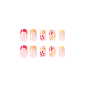 French tip press-on nails with small flowers in red, orange, and yellow hues