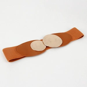 Detailed view of women's brown elastic waist belt with dual gold metal round buckles