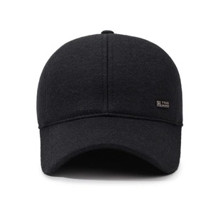 Thick black wool baseball cap for men with ear protection and 1988 metal plate