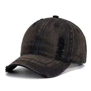 Vintage short brim washed cotton baseball cap with distressed details and wide sun visor