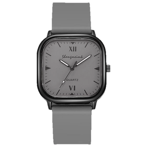 Minimalist square quartz watch with black matte case and grey silicone strap