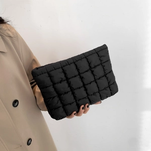 Pochette Femme Matelassée à la Mode Coton Doux Motif Carré Trousse de Maquillage Couleur Unie Fermeture Éclair Organisateur