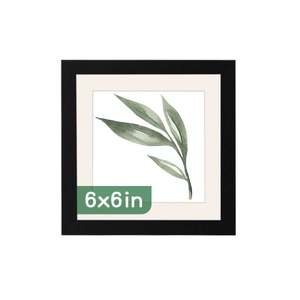 Front view of 6x6 inch black modern wooden photo frame with watercolor leaf art detail