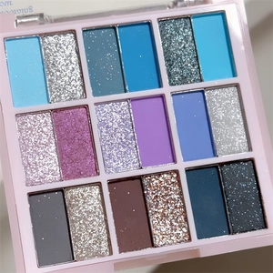 Close-up of the 18-color dual-texture eyeshadow palette with matte and glitter finishes