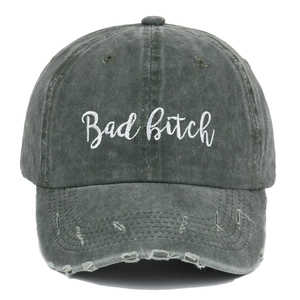 Vintage dark grey washed cotton baseball cap with Bad Bitch embroidery and distressed brim