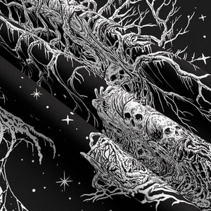 Detail showing skull and tree pattern on black bohemian tapestry with starry sky background
