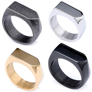 Minimalist geometric stainless steel rings in polished silver, matte black, and gold finishes