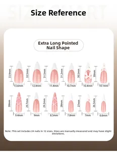 Size chart showing 24pcs extra long stiletto nails with length and width dimensions
