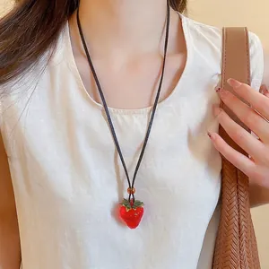 Realistic Strawberry Pendant Necklace Resin Fruit Charm Adjustable Leather Cord Pastoral Style Women