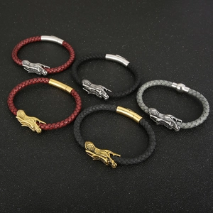 Braided leather dragon head bracelets in multiple colors and metallic finishes